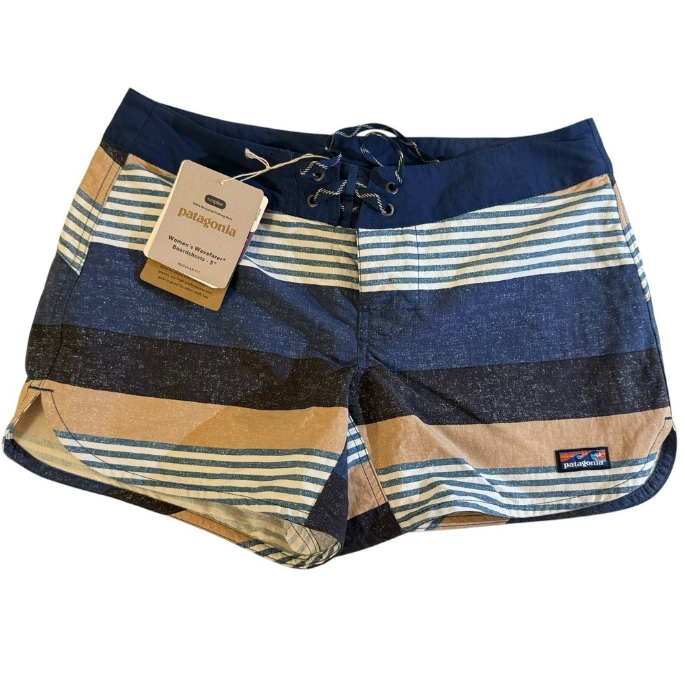 New Patagonia W's Wavefarer Boardshorts‎ 5" Stripe Texture Tidepool Blue Sz 2